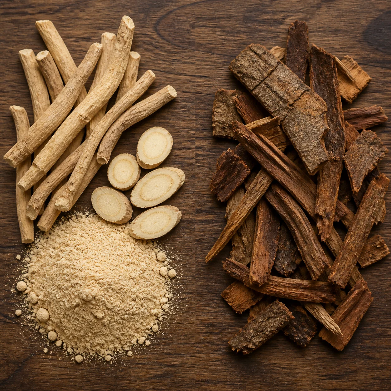 Racines d'ashwagandha et poudre à gauche, écorces de bois bandé à droite sur une table en bois