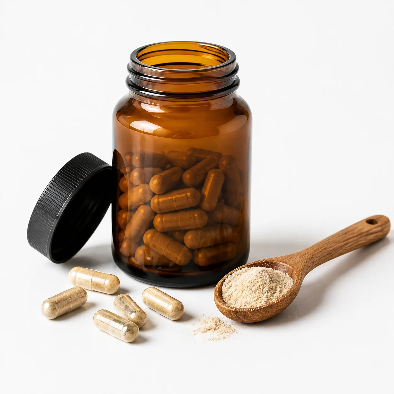 Flacon ambré de gélules d'ashwagandha avec capsules et cuillère doseuse sur fond blanc