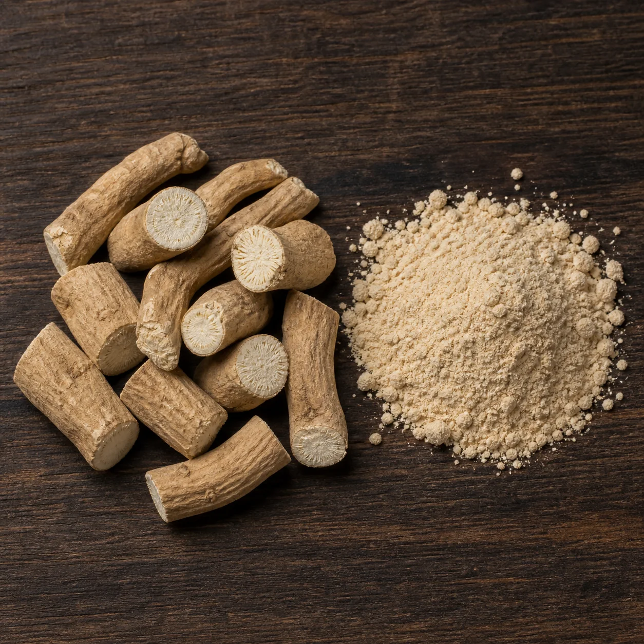 Racine séchée et poudre d'ashwagandha sur bois sombre, plante ayurvédique liée au stress et à la libido masculine